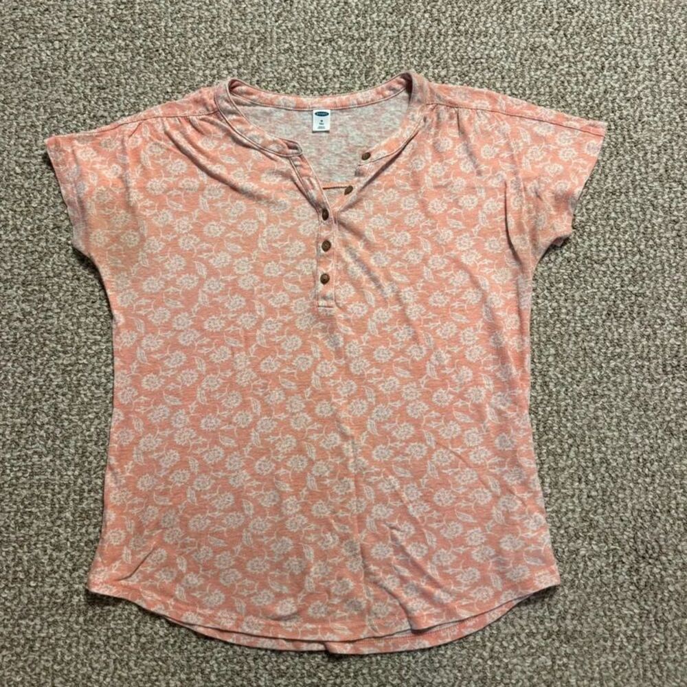 Old Navy Floral Henley T-Shirt Pink White Short Sleeve Medium Tall